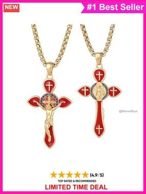 St Benedict Crucifix Necklace 925 Sterling Silver 14k Gold Plated Medal Pendant
